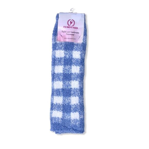 Eurotard Child's Plush Leg Warmers Blue White Check Fuzzy Gingham Slouch Socks - Picture 2 of 7